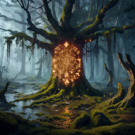 a close up of a tree on it in a forest, witch runes in the deep forest