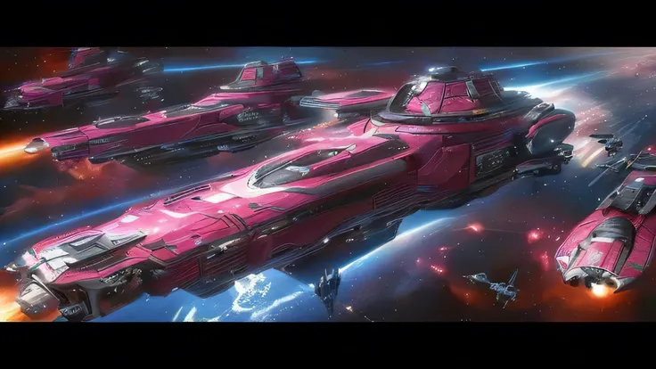 a group of pink ships floating in space with stars in the background, world of war spaceships, an epic space ship scene, parked spaceships, beautiful sci fi art, stunning sci-fi concept art, alien space ships, science fiction concept art, space opera and d...