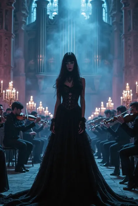 Dramatic cinematography, moody lighting, gothic elegance—a hauntingly beautiful female vocalist stands at the center of a grand orchestral stage, surrounded by a shadowy, gothic orchestra. Her long, flowing black gown cascades onto the floor, adorned with ...