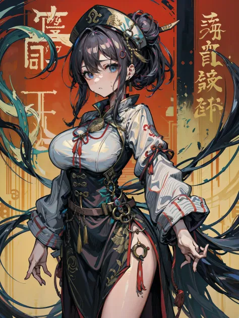 earring, large breasts, narrow waist, short hair, wavy hair, hair behind ear, half updo, black hair, sweat, cowboy shot, jiangshi, qing guanmao,