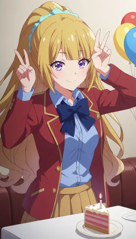 score_9, score_8_up, score_7_up, solo, 1girl, kei karuizawa, long hair, bangs, blunt bangs, purple eyes, blonde hair, hair ornament, ponytail, scrunchie, blue scrunchie, skirt, shirt, bow, school uniform, jacket, red jacket, pleated skirt, bowtie, sweater,...