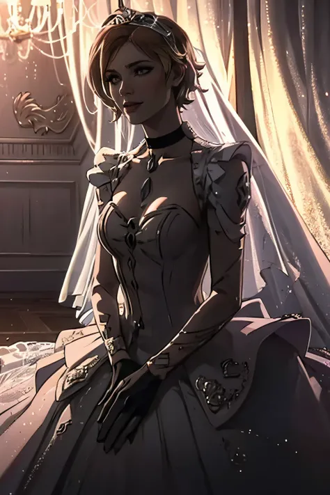 Lilith Borderlands, hair between eyes, ahoge, blonde hair, star \(symbol\), hair ornament, ruffled tulle dress, cleavage, bare shoulders, collarbone, long black elbow gloves, black gloves, black dress, black choker, strapless, tiara, veil, strapless dress...