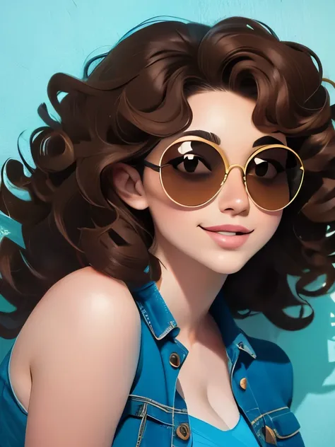 Brown hair . beautiful woman with curly hair and sunglasses