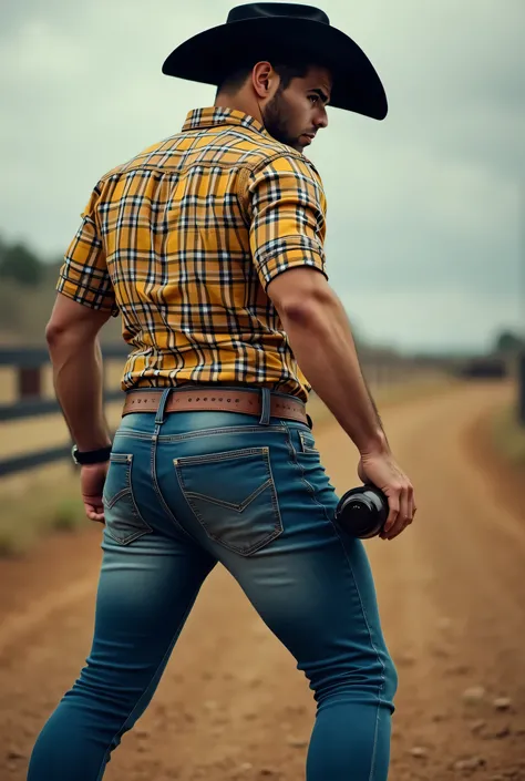  Realistic photograph , 35-year-old handsome muscular (((athletic man))) , , View from below, in profile, dark yellow and white Oxford shirt de cuadros and very tight blue jeans, brown belt, in profile, Big butt, viendo a cámara,  black eyes,, at the ranch...