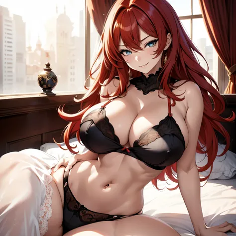 Anime, a glamour shot of a smiling Rias Gremory (extremely long wavy red hair), arms up, enormous breasts, big ass, Sitting demurely with her legs crossed on her bed, leaning toward the viewer, cowgirl, with Smokey eyes and knowing smile, sexy revealing li...