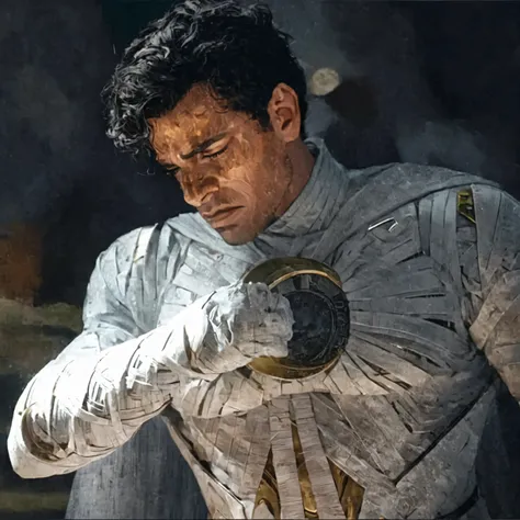 A man armed with a silver suit, a sword and a helmet,  oscar isac como Moon Knight , en la serie Moon Knight  de 2 0 2 2,  fotograma de la serie Moon Knight  , oscar isac, The astronaut mummy , Moon Knight , viva representación de Moon Knight , oscar isac,...