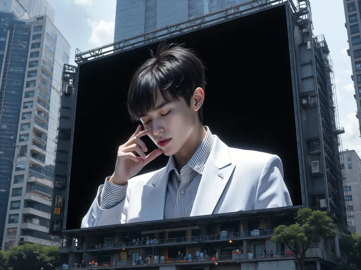 Big cities, Celebrities on TV screens, Portrait of a man on a giant screen, Big City TV Screen,  Morning Sun, lip,  headache,  Close your eyes, face down, 20 year old man, Very handsome , Korean Series Stars, White skin, handsome, classic side part hairsty...