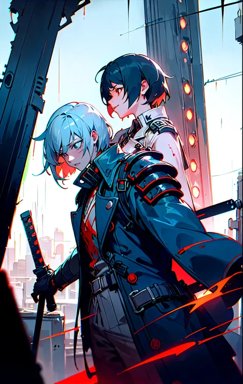 cinq association enforcer, dystopian cyberpunk, pale skin, mechanical left eye (red glow), short silver hair, black tactical mask, dark blue trench coat, metal shoulder armor, chainsword (bloodstained), mechanical exoskeleton arms, ruined city at night, he...