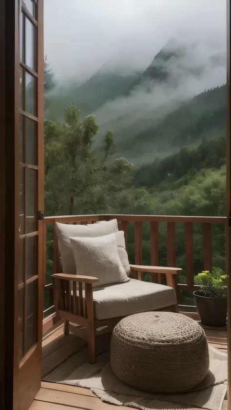 This image depicts a cozy and inviting reading nook on a wooden balcony overlooking a lush, misty mountain landscape. The balcony features a comfortable armchair draped with a blanket and a pillow, a small wooden table with a teapot, a cup, and a jar, and ...