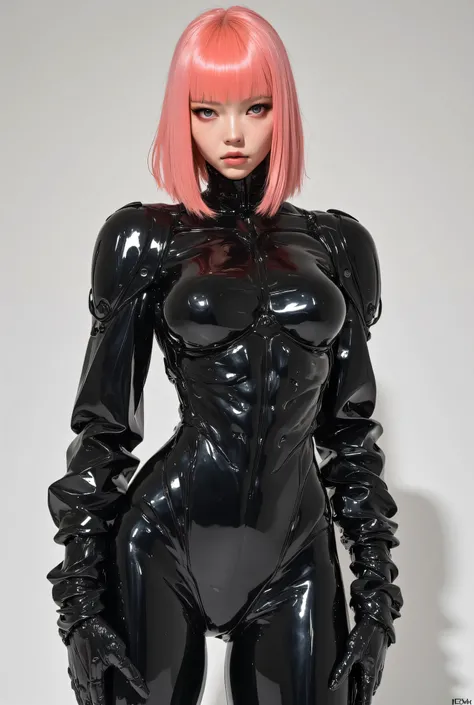 a beautiful Japanese woman with fair skin, salmon pink bob hair with straight bangs, traditional Japanese makeup, big breasts, beautiful body with natural curves and well-defined hips, wearing a black rubber bunny suit.