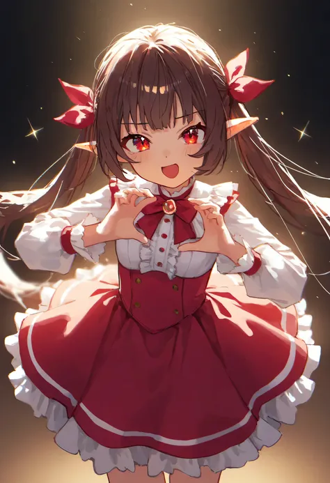 aruhshura, , detailed eyes, brown hair, red eyes, elf ears, ribbon, "gao" pose, cute magical girl, frilly dress, dynamic pose, sparkles, vibrant colors, detailed hair, soft lighting, high detail