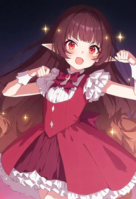 anime screencap, detailed eyes, aruhshura, detailed eyes, brown hair, red eyes, elf ears, ribbon, "gao" pose, cute magical girl, frilly dress, dynamic pose, sparkles, vibrant colors, detailed hair, soft lighting, high detail