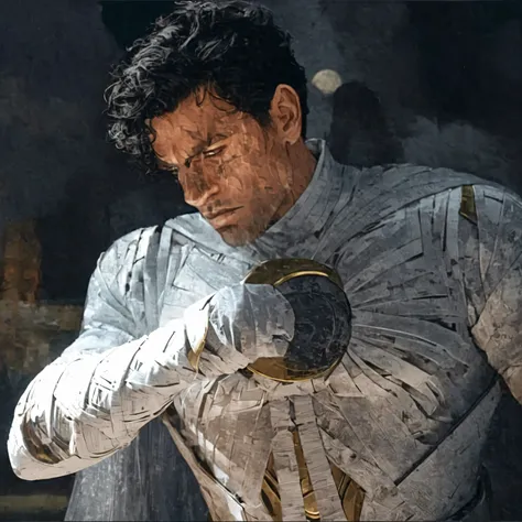 A man armed with a silver suit, a sword and a helmet, oscar isac como Moon Knight , en la serie Moon Knight de 2 0 2 2, fotograma de la serie Moon Knight , oscar isac, The astronaut mummy , Moon Knight , viva representación de Moon Knight , oscar isac,...