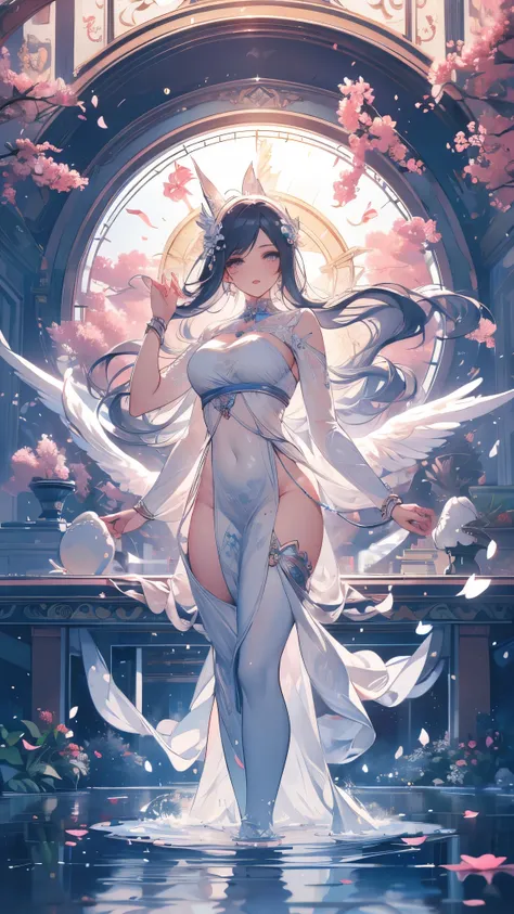  pure white background， beautiful goddess 、Angels and Demons，yarn，grey， petals falling，Water Ripples，There are fish and lotus flowers in the water，Lipstick，huge clock ，Ginkgo Tree，perfect body，shiny eyes，Ultra high definition 8K，Best Quality，Smoky Eyes，sex...