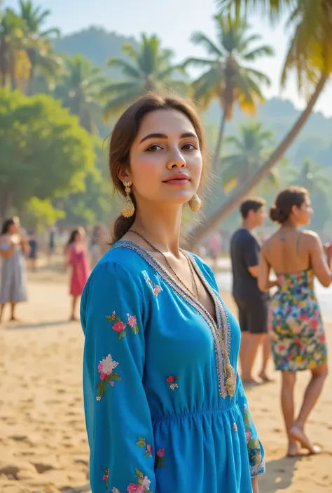 24 year girl in Indian village not modern village rural vibe wearing blue gujrati dress on Goa beach in front of foreign tourists with smile on face 8k