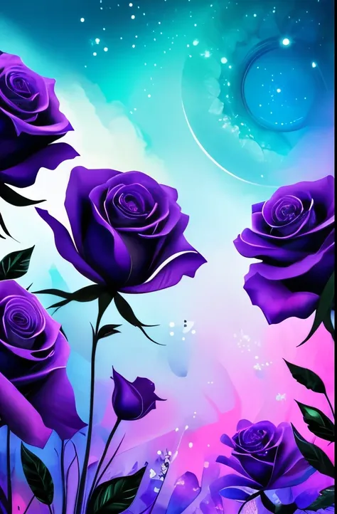 purple roses with a blue background, a digital painting by Android Jones, trending on Artstation, romanticism, beautiful art uhd 4 k, magical flowers, beautiful digital art, very beautiful digital art, roses, background artwork, jen bartel, stylized digita...