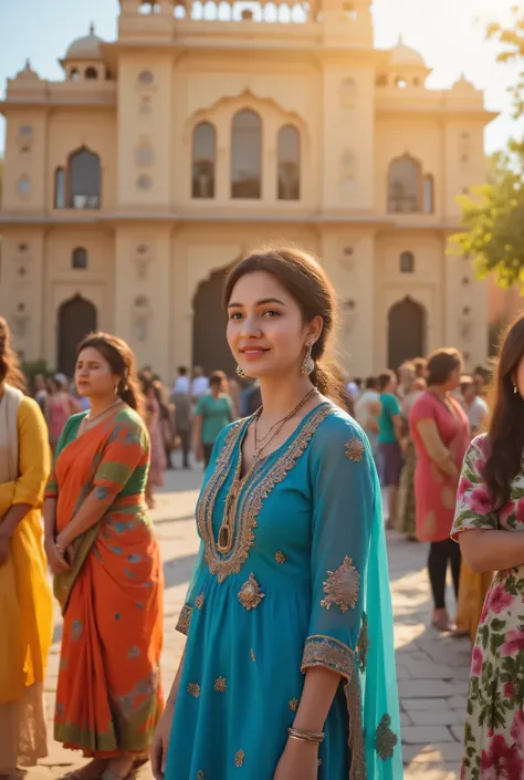 24 year girl in Indian village not modern village rural vibe wearing blue gujrati dress in hawa mahal jaipur in front of local people with smile on face happy mood