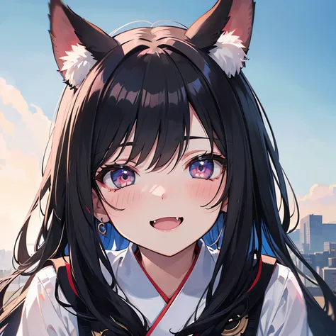 black hair, hair bobbles, wince, longeyelashes, solid circle eyes, fake animal ears, light smile, ear blush, fang, ccurate, Surrealism, drop shadow, anaglyph, stereogram, tachi-e, pov, atmospheric perspective, 8k, super detail, best quality

