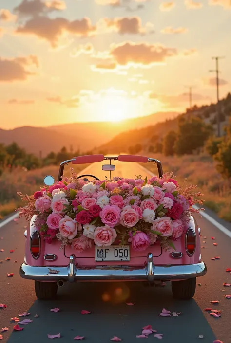 A stunning pink convertible driving down a scenic open road, completely filled with lush, vibrant flowers overflowing from the seats and dashboard. The entire car is covered in roses, peonies, and wildflowers, creating a dreamy and luxurious floral arrange...