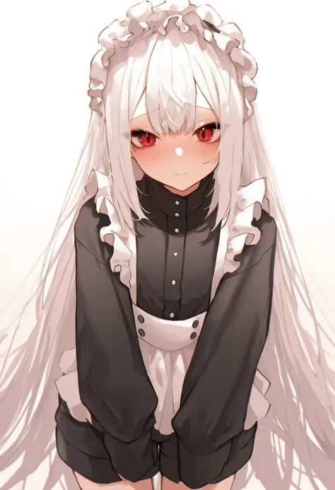 aruhshura, detailed eyes, fluffy white hair, shoulder-length hair, red eyes, maid outfit, shorts, blushing, cute expression, looking at viewer, frilly maid headdress, detailed clothing, soft lighting