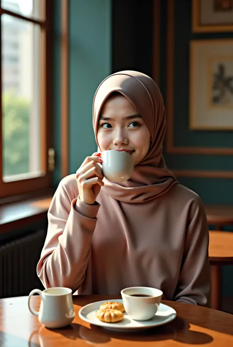 Asian girl in hijab hair can't be seen, drinks tea,  portrait, realistic,  detailed , refined, tea table ,  elegant interior , diffused natural light, high quality, 8k, фотоrealistic, soft tones, warm color palette