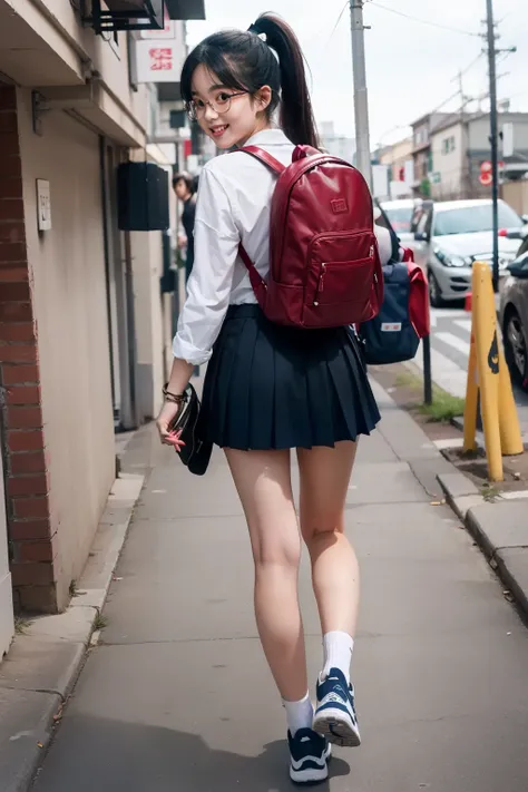 masterpiece,8k,(((angle see from the ground))),Female Middle School Student Back View ,back shot,Look back here,Beautiful legs with long thighs,Navy Blue Pleated Micro Mini Skirt, navy blue high socks,sneakers, carrying a red backpack,black hair ponytail,g...