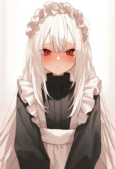aruhshura, detailed eyes, fluffy white hair, shoulder-length hair, red eyes, maid outfit, blushing, cute expression, looking at viewer, frilly maid headdress, soft lighting, detailed clothing, warm atmosphere