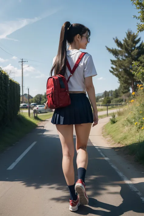 masterpiece,8k,(((angle see from the ground))),Back view of a female middle school student walking on a sidewalk in the countryside,back shot,Look back here,Beautiful legs with long thighs,Navy Blue Pleated Micro Mini Skirt, navy blue high socks,sneakers, ...