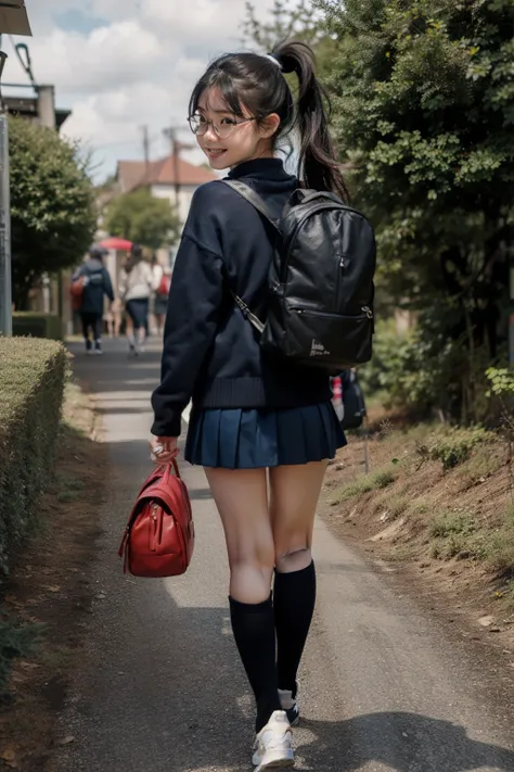 masterpiece,8k,(((angle see from the ground))),Back view of a female middle school student walking on a sidewalk in the countryside,back shot,Look back here,Beautiful legs with long thighs,Navy blue sweater ,Navy Blue Pleated Micro Mini Skirt, navy blue hi...