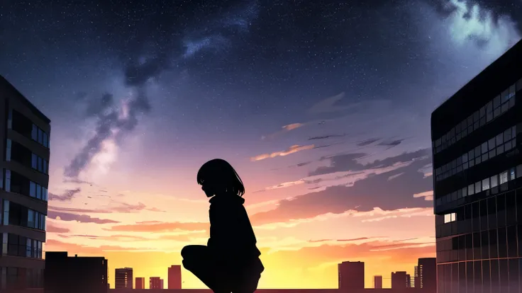 anime, silhouette ,1 girl crouching, star (null), star ヘッドホン、night、big window 、cityscape, building, city, outdoor, nullscraper, city lights, night , night null, sunset, nullline