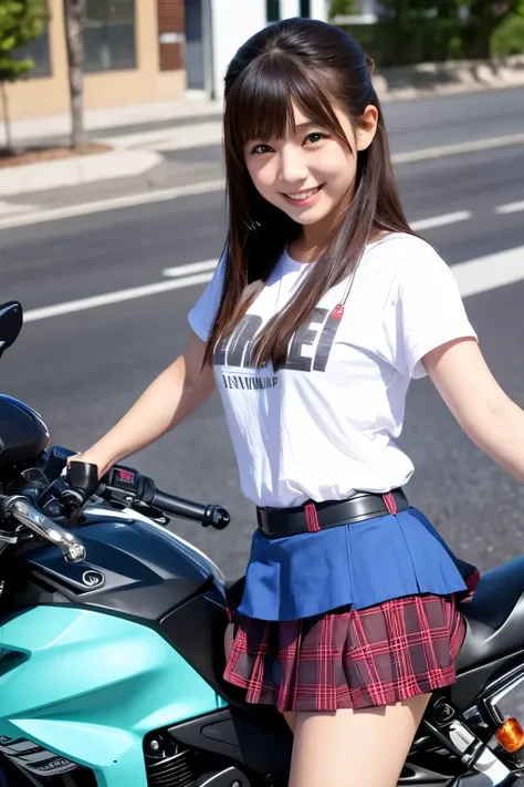 A girl on a motorcycle、skirt、Japanese、smile