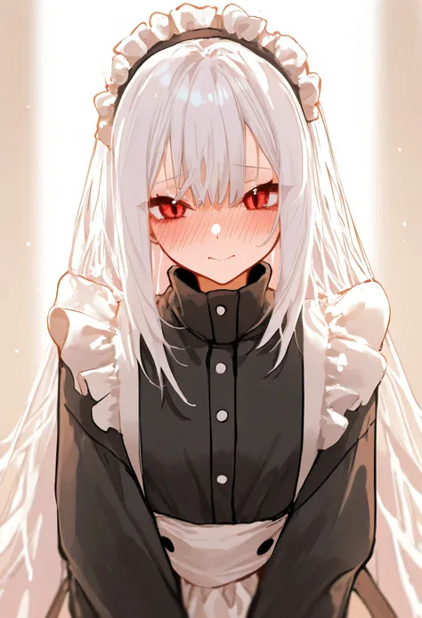 aruhshura, detailed eyes, fluffy white hair, shoulder-length hair, red eyes, maid outfit, blushing, cute expression, looking at viewer, frilly maid headdress, soft lighting, detailed clothing, warm atmosphere