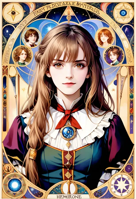 (absurdres, highres, ultra detailed), 1 Female, Brown hair, Brown eyes, Looking at the camera, Hermione Granger, Harry Potter, Finely detailed eyes and detailed face, Mysteries \tarot\, bard, clown, Symbolism, Visual art, Occult, Universal, Vision casting,...