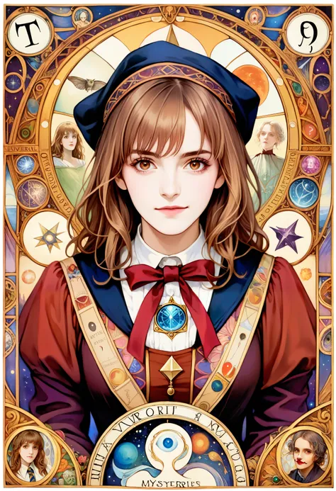 (absurdres, highres, ultra detailed), 1 Female, Brown hair, Brown eyes, Looking at the camera, Hermione Granger, Harry Potter, Finely detailed eyes and detailed face, Mysteries \tarot\, bard, clown, Symbolism, Visual art, Occult, Universal, Vision casting,...