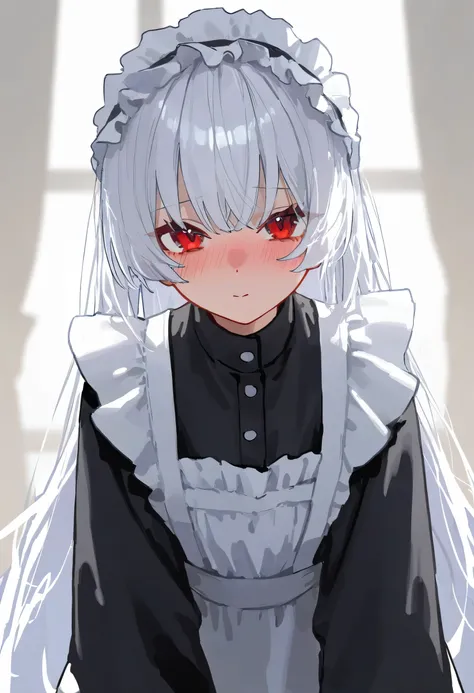 aruhshura, detailed eyes, fluffy white hair, shoulder-length hair, red eyes, maid outfit, blushing, cute expression, looking at viewer, frilly maid headdress, glistening detailed hair, soft lighting, high detail
