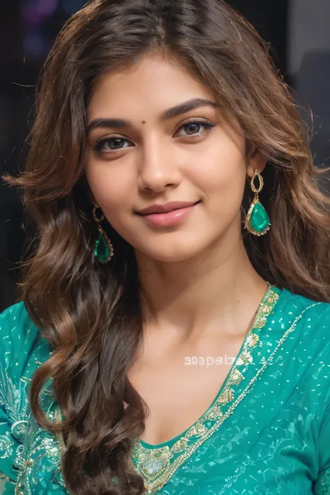 Realistic, natural, ultra hd, super detailed, 22 year old Indian Sreeleela in pink tanktop. Sharp facial feature, prominent cheekbone, long eyelashes, beautiful green eyes, shapely luscious lips. Long curly hairs with seductive smile.