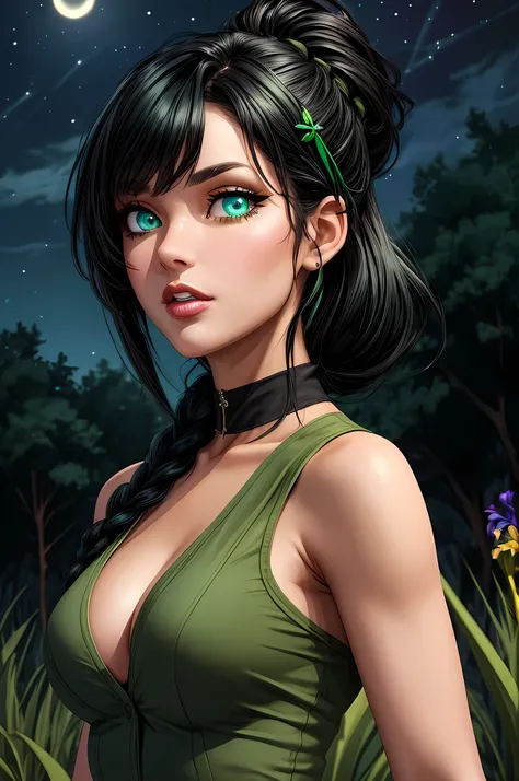 1 sexy girl, (green iris:1.5), (black hairs:1.5), cleavage, sleeveless, (masterpiece, best quality, ultra detailed, absurdres:1.5), (sexy, beautiful woman, perfect face, perfect eyes, perfect female body:1.5), braid, ponytail, hair ornament, bangs, bare sh...