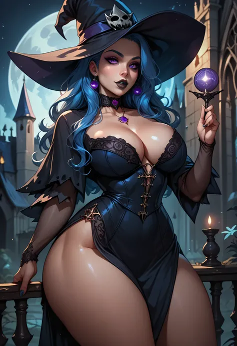 dark witch castle, 1girl, hat witch, witch dress, blue hair, blue eyebrows, thin eyebrows, purple eyes, black eyeliners, nose, thick lips, black lips, long hair, double bun, collarbone, cleavage, large breasts, (thick thighs:1.2), standing