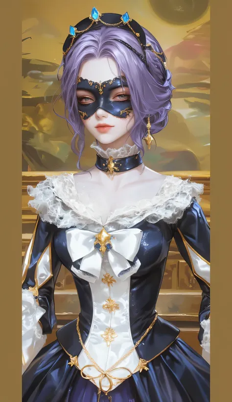 (masterpiece, top quality, best quality, official art, enchanting and aesthetic:1.2), 1female, purple hair, bangs, covered eyes, blindfolded, high quality details, purple hair, low braided bun hair, (masterpiece, top quality, best quality, official art, en...