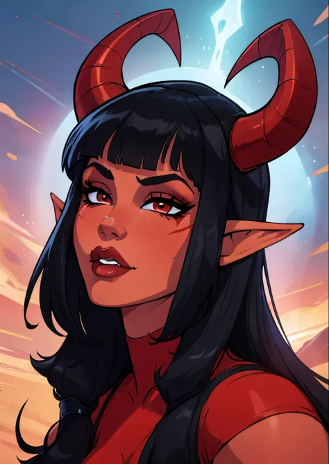 masterpiece, best quality, 1female, beautiful, face portrait, 1girl, face focus, deep makeup, goth, cell shading, tiefling, straight hair, ram horns, septum, black hair, bangs, elf ears, red skin