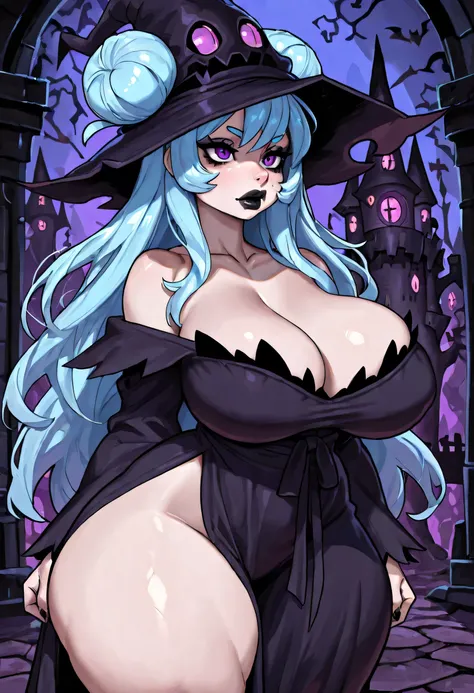 dark witch castle, 1girl, hat witch, witch dress, blue hair, blue eyebrows, thin eyebrows, purple eyes, black eyeliners, nose, thick lips, black lips, long hair, double bun, collarbone, cleavage, large breasts, (thick thighs:1.2), standing