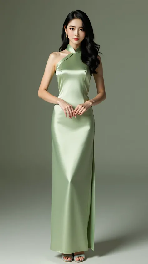 A highly detailed, ultra-realistic photograph of a sophisticated Vietnamese woman, 18 years old, wearing a traditional silk áo dài in soft sage green, standing confidently in matching high heels. She has long black hair, porcelain skin, and delicate facial...