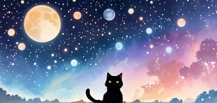 there is a black cat looking at the moon, night starry sky full of the cat, the galaxy is looking at that black cat、cute cat anime、4k anime background, 