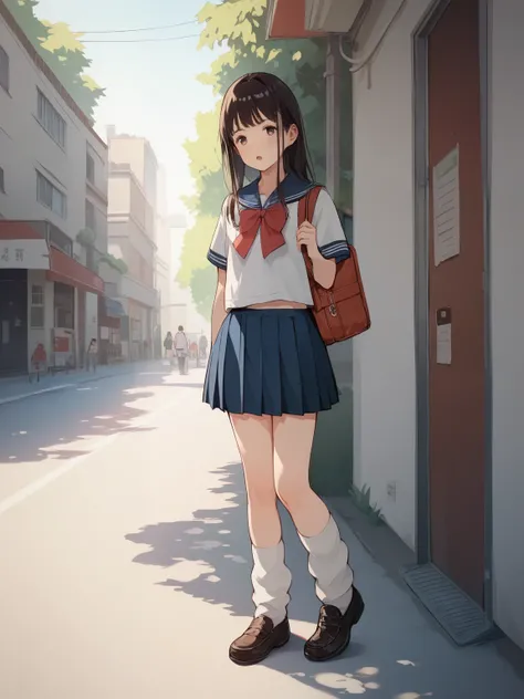 score_9, score_8_ up, score_7_ up, score_6_ up, score_5_ up, score_4_ up,  source_anime ，nsfw， uncorrected， 1 young girl,  Low，alone, Outdoors,  Oil Skin,  school uniform, street,walk,   loose socks, squats ,