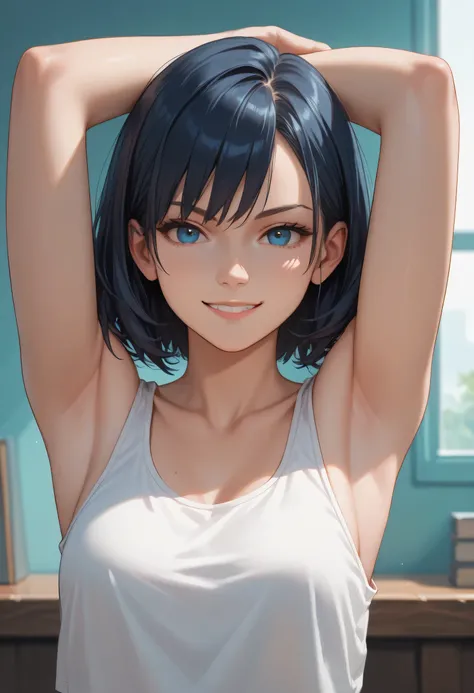 score_9, score_8_up, score_7_up,source_anime, high res image,masterpiece,best quality,girl,cute face,clear skin,dark blue medium hair,bust up,armpit,smirk,cute tanktop,