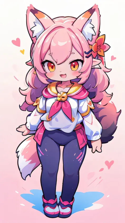 Create a unique mobile background, female hairy rainbow fox, Fox Ears, a fox tail, wide hips, white skin body, full body, standing, chibi. ((( Fox skin on the body, fox stripes on the body, visible ears ))), (( long pink hair)), hair clip, ((very happy))...