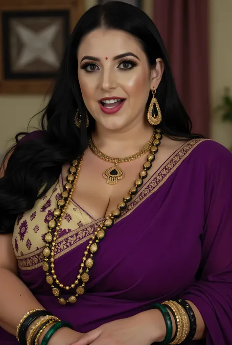A naughty, voluptuous and curvaceous light neutral skin tone woman in completely sweaty hairs, in a traditional attire, wearing a deep purple messed up elegant saree, no blouse piece and intricate jewelry glass green bangles and a red small bindi between h...