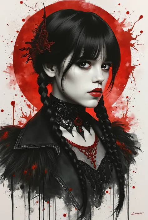 Illustration, masterpiece, high definition, portrait, watercolor, ink, drawing, w3dn3sd4y, black hair, two long black braids, black clothes, gothic composition, black and red, skull, ghosts, horror, novel cover, high contrast, cold colors, dark