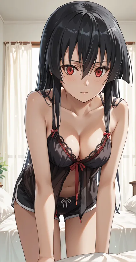 score_9, score_8_up, score_7_up, source_anime,
agkakame, akame, long hair, black hair, red eyes, hair between eyes,,masterpiece,best quality, medium breasts, ((black negligee, Cleavage, black dolphin shorts,)), Bedroom, bent over