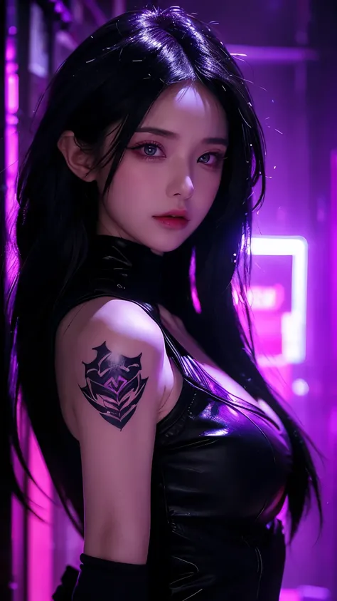 "A strikingly beautiful young woman with long, sleek black hair and piercing neon-purple glowing eyes. Her gaze is intense, and her expression is mysterious. She has pale, smooth skin with subtle tattoos visible on her neck. She is holding a lit cigarette ...